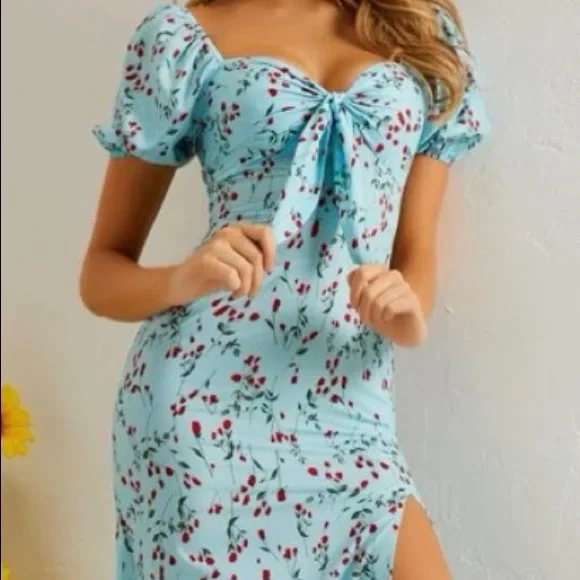 shein midi summer dresses Floral Dresses Shein Black Midi Dress SHEIN VCAY Summer Vacation Ditsy  Floral Split Spaghetti Strap Dress